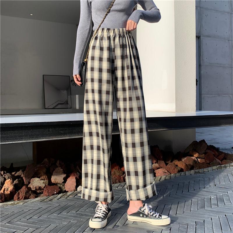 Women Wide Leg Pants 2021 Spring Summer Female High Waist Loose Casual Plaid Chiffon Pant Long Trousers Streetwear Plus Size 4XL
