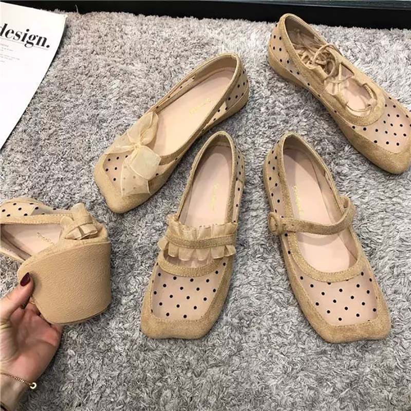 Spring and Summer Ballet Shoes Female Square Head Polka Dot Mesh Flat Mary Jane Shoes Fairy Style Lace Lace