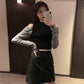 Pofulove Panelled Contrast Off-the-shoulder Long Sleeves Bottoming Sweater Slim All-match