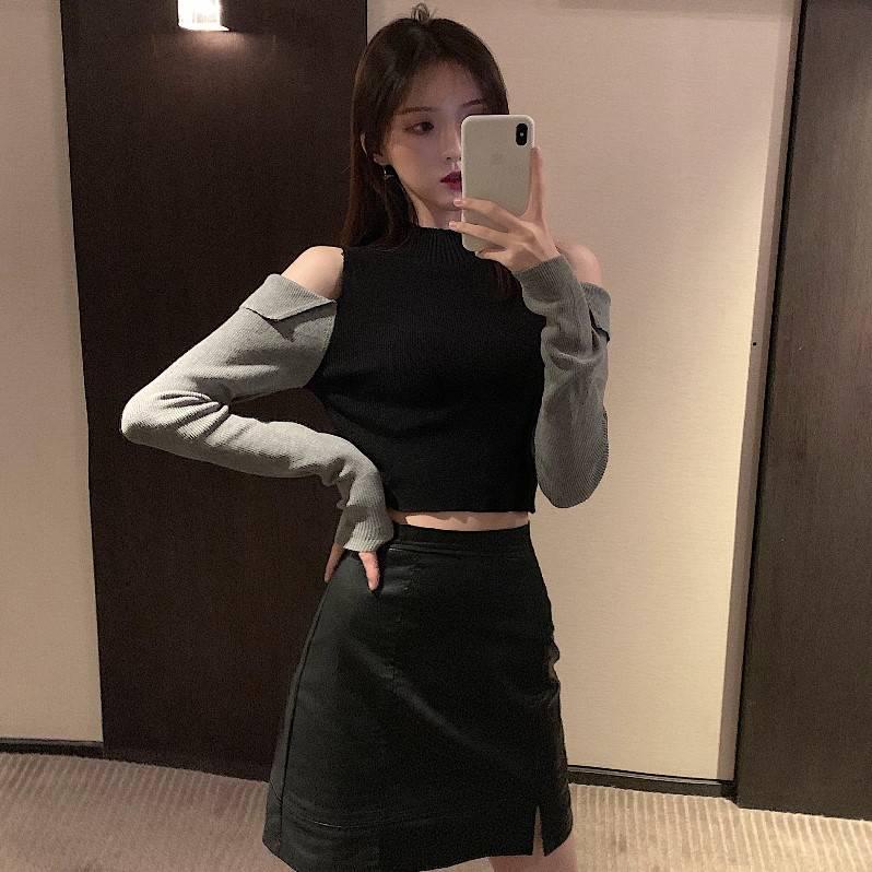 Pofulove Panelled Contrast Off-the-shoulder Long Sleeves Bottoming Sweater Slim All-match