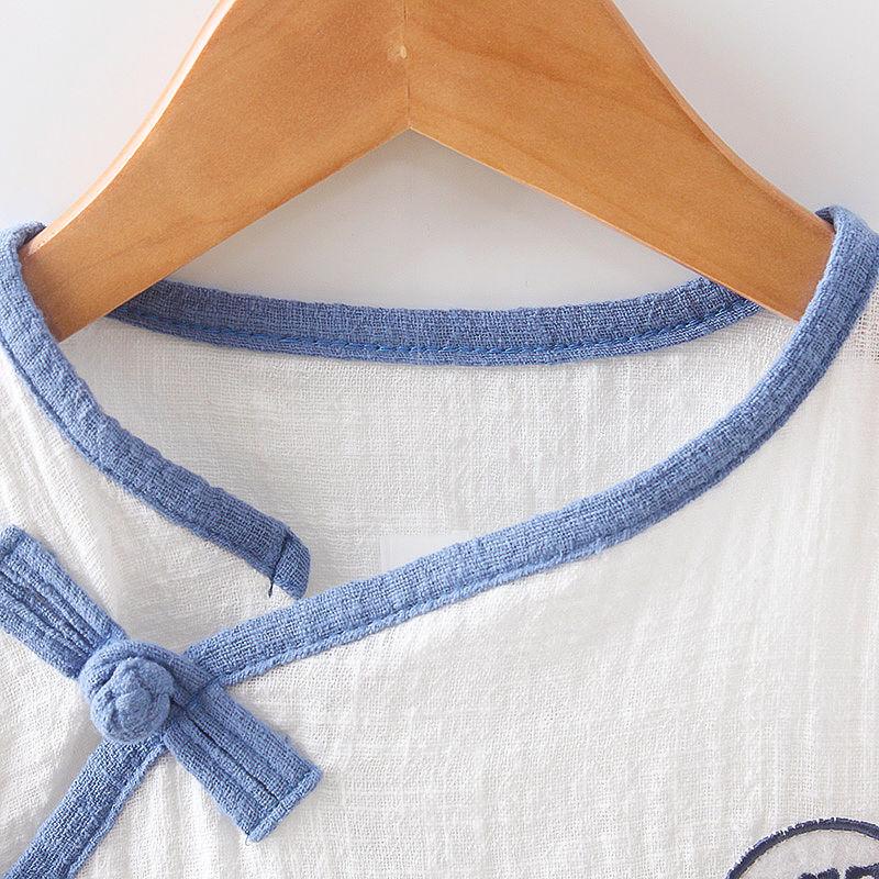 Children's Suit Summer Thin Boys Girls Loose T-shirt Shorts Two Piece Set Chinese Style Zen Pleated Button Ventilation