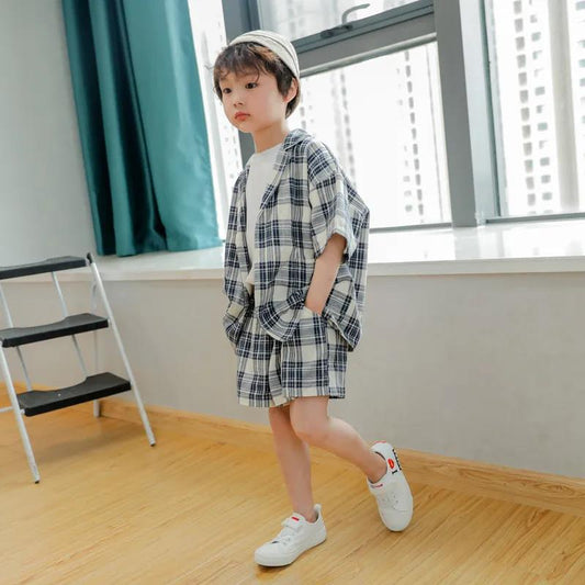Boys Summer Suits Three-piece Suits Boys and Girls Suits Plaid Shorts Clothing