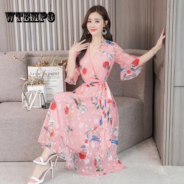WTEMPO 2019 Boho Women V-neck Floral Print Party Dress Summer Ruffle Sleeveless Long Dress Sexy