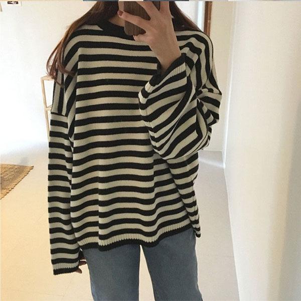 Autumn and Winter Striped Student Loose Pullover Long Sleeve Round Neck All-match Bottoming Sweater Coat