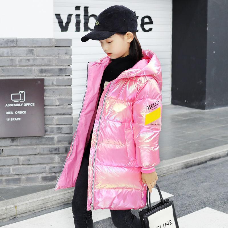 Girls' Down Jacket Mid-length Colorful Winter Clothes Thick Shiny Hooded Warm and Windproof Jacket