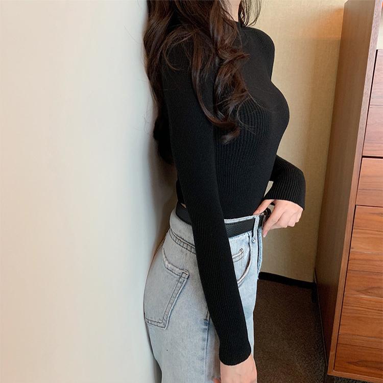 Pure Color Spring and Autumn Ladies Half High Neck Long Sleeve Sweater Bottoming Shirt Slim Half High Neck Sweater