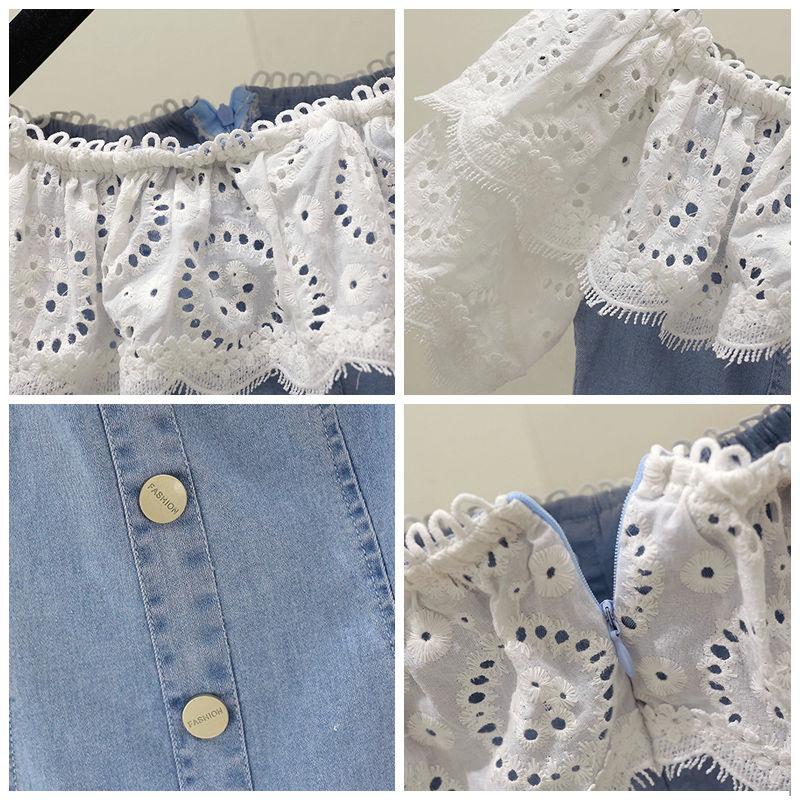 Spring and Summer  Women's Denim Dress Lace Sleeveless Sexy Short Sleeve Above The Knee Daily Wear Office Dating Party