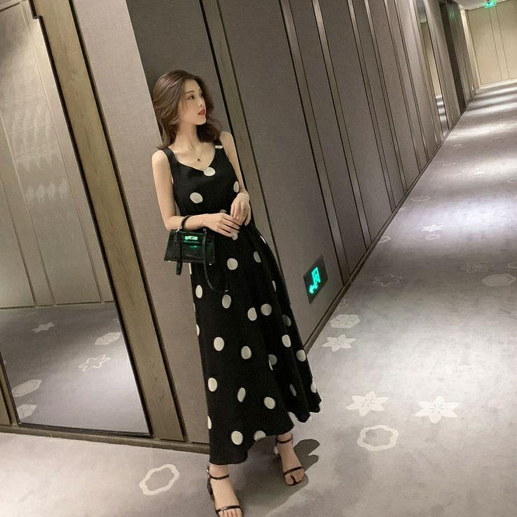 Polka Dot Suspender Dress Women's Summer Elegant Mid Length Open Back French Waist Chiffon Dress