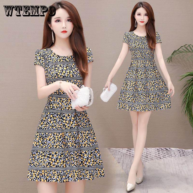 WTEMPO Brand Female Summer Long Section Short-sleeved Floral A-line Skirt Fashion Slim Dress