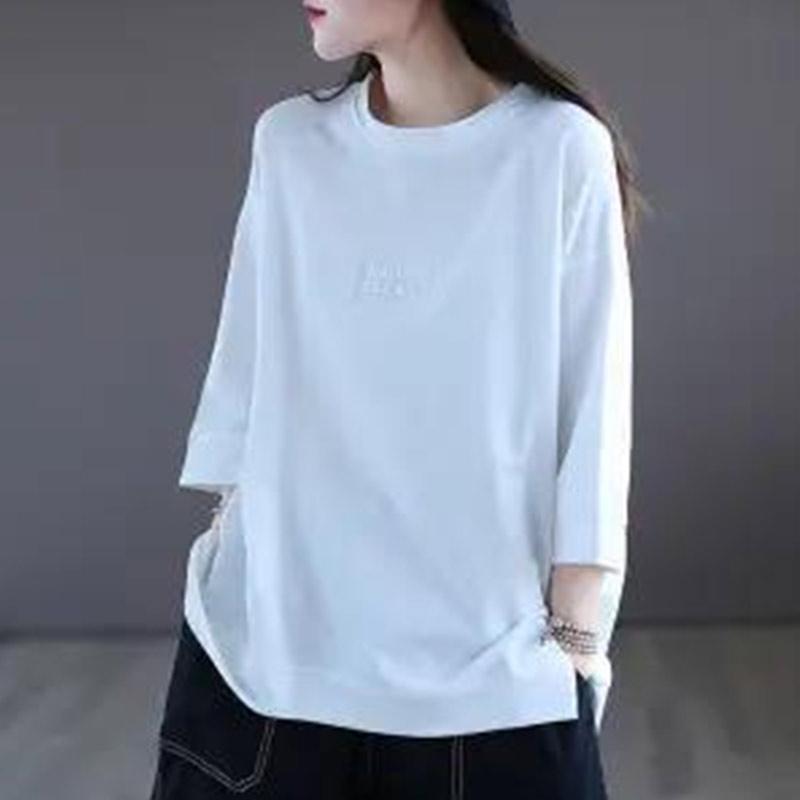 Pure Cotton Loose Slit T-shirt Girls Thin Round Neck Short-sleeved Comfortable Breathable Top