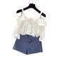 Sling One-shoulder Blouse Women's Ruffled Mid-sleeve Off-shoulder Shirt Chiffon Shirt Off-shoulder Sling Shirt Sweet and Cute
