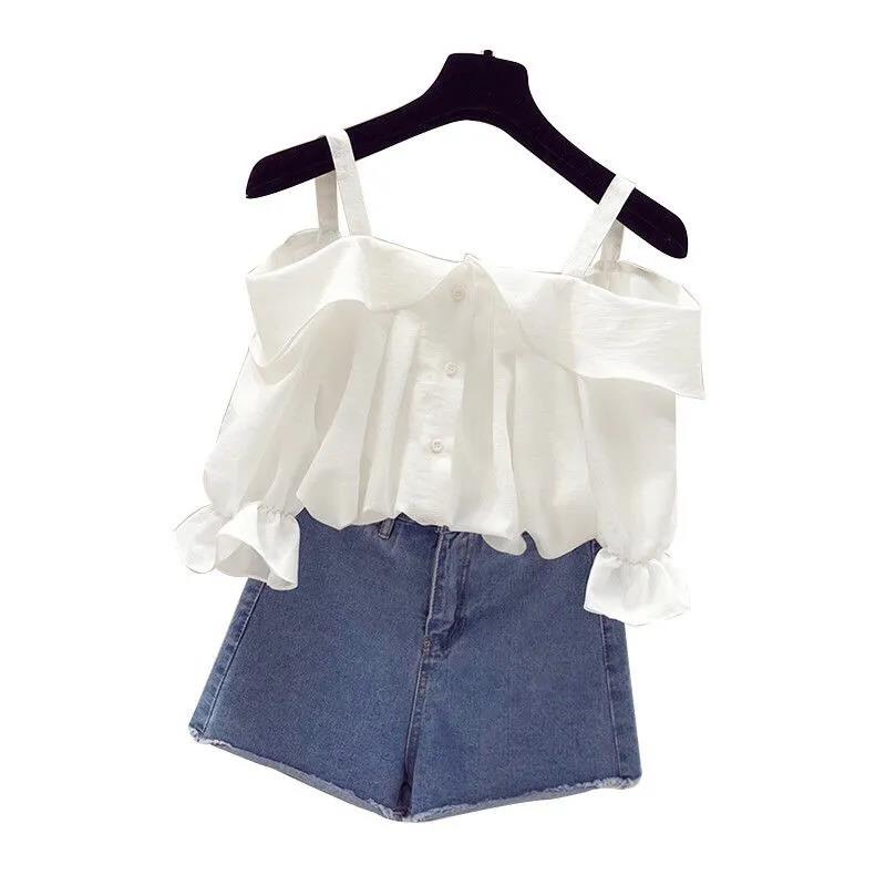 Sling One-shoulder Blouse Women's Ruffled Mid-sleeve Off-shoulder Shirt Chiffon Shirt Off-shoulder Sling Shirt Sweet and Cute