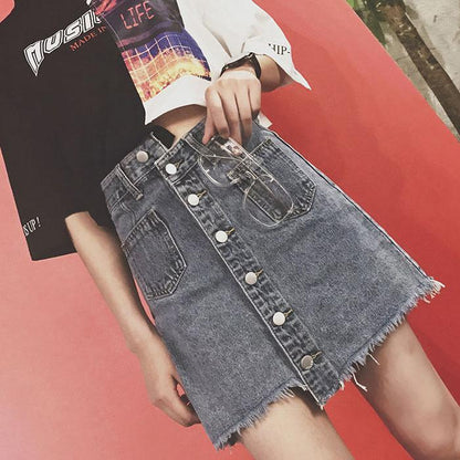Pofulove Plus Size Women High Waist Irregular Denim Skirts Hip Skirt Anti-light Thin A-line Skirt