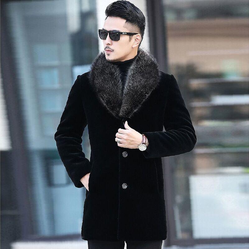 Mink Fur Coat Winter Men Mid-length Mink Fur Coat Men's Fox Fur Collar Jacket Cotton Coat