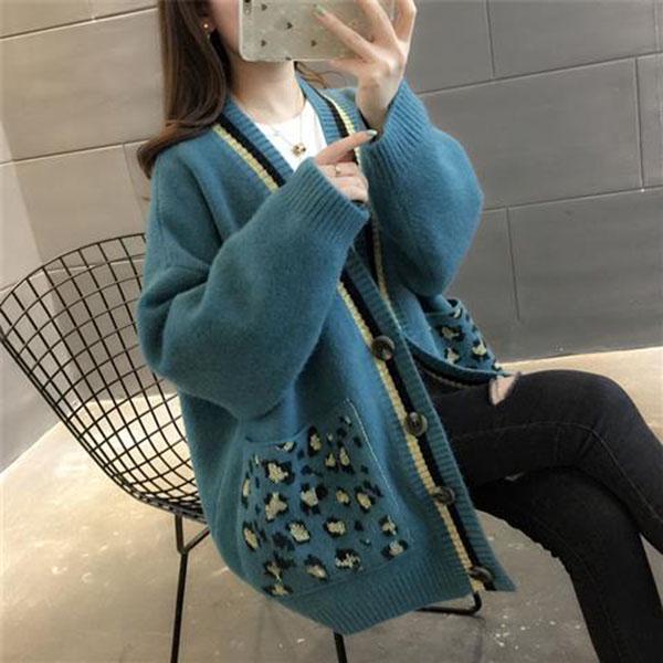 Spring and Autumn V-neck Jacket Knitted Cardigan Leopard Print Top Mid-length Casual Female Student Sweater