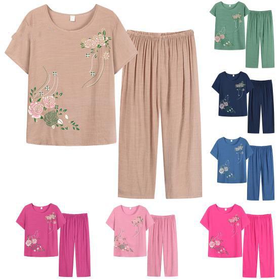 Women Clothes Floral Print T-shirt Pants Loose Two Pieces Set Summer Homewear Set Short Sleeve Outfit for Middle-aged