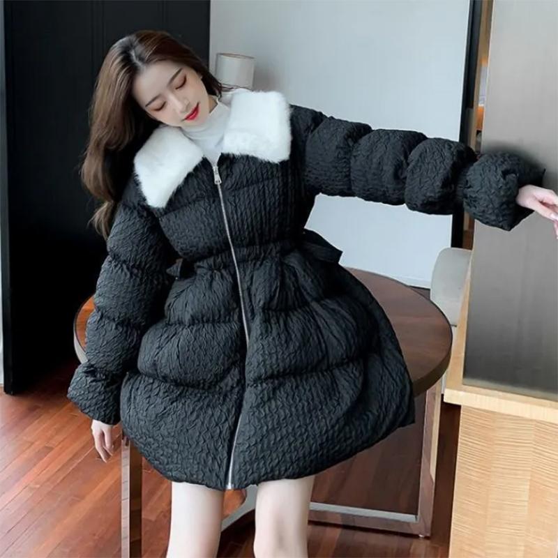 Women's Solid Color Down Jacket Mid-length Down Jacket Winter Korean Style Loose Coat Warm Stand-collar Down Jacket Quilted Jacket
