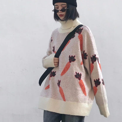 Pofulove Sweater Loose Pattern Wild Sweater Autumn and Winter Coat Tide Turtleneck Colorblock