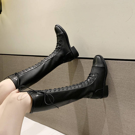 Lace Up Zipper High Boots Wear-resistant Non-slip Women Winter Boot Female British Leather Boots Knight Knee-length Cowboy Boots
