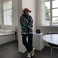 Autumn Winter Check Color Contrast V-neck Long  Sleeved Sweater Jacket Women Retro College Style Loose Knit Cardigan Outer Wear