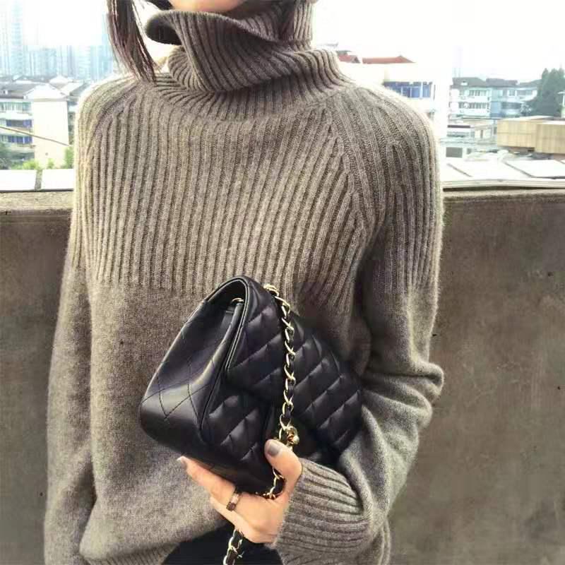 Pofulove Autumn Winter Base Shirt Sweater Turtleneck Loose Large Size Thick Solid Color Wild Women