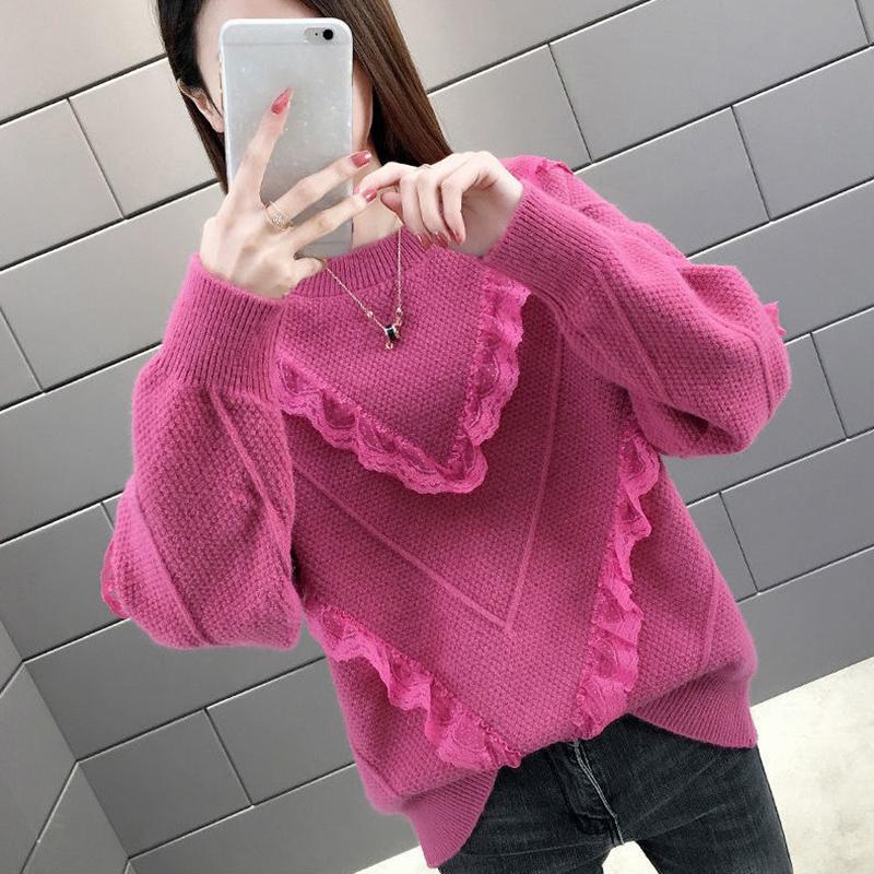 Autumn Winter  Women Fashion Sweater Casual Knitting Sweater Lace Stitching  Round Neck Pullovers  Long Sleeve Sweater