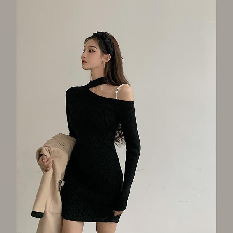 WTEMPOWomen Sexy Hollow Out Strapless Temptation Slim Long Sleeve Split Snap Tight Nightclub Bar Dress