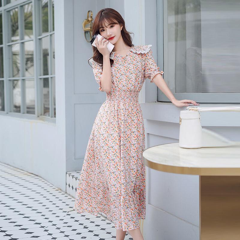 Women's Summer Dress with Waist and Thin French Retro Style Elegant and Sweet Chiffon Floral Mid-length Skirt Fabric Light and Breathable