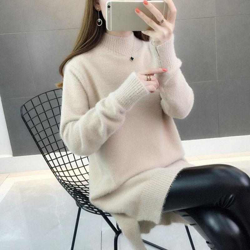 Mink Velvet Thick Sweater Loose Mid-length Bottoming Shirt High Neck Knitted Female Dress