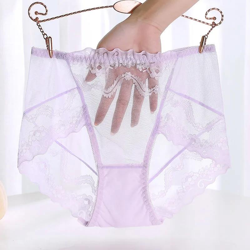 Black Plus Size Mid High Waist Panties Ladies Sexy Lace Mesh Seamless Transparent Ladies Briefs Transparent Hollow Out Panties