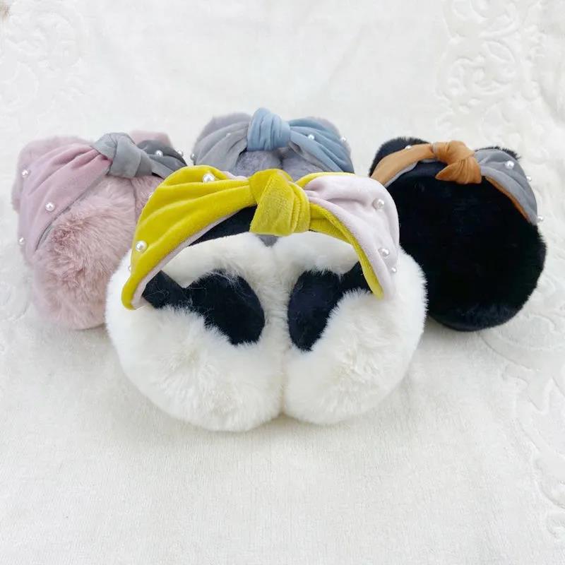 Women's Winter Foldable Earmuffs Pearl Bow Ear Muffs Warm Female Earmuffs Korean Style Two-color Stitching Earwarmers Plush Ear Warmer Pad