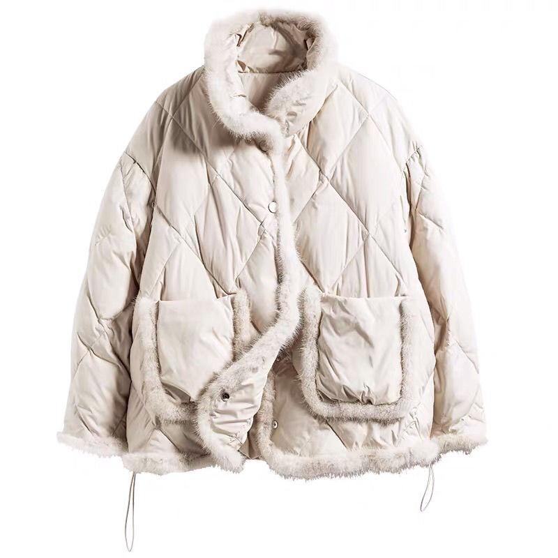 Mink Fur Down Jacket Women's Short Loose and Thick White Duck Down Warm Jacket