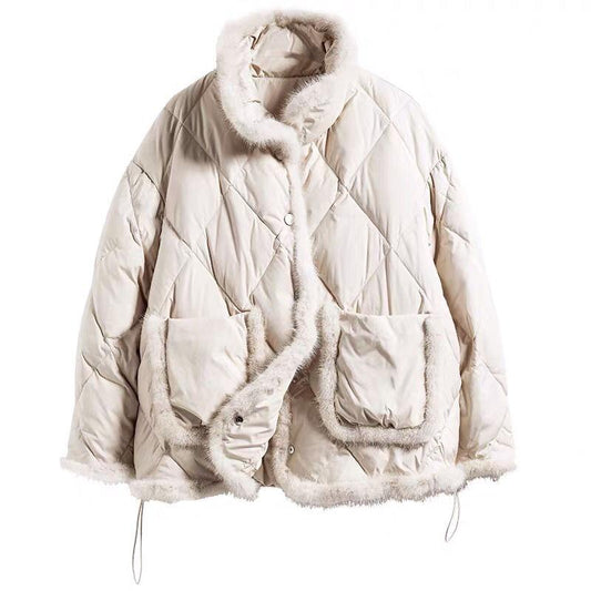 Mink Fur Down Jacket Women's Short Loose and Thick White Duck Down Warm Jacket
