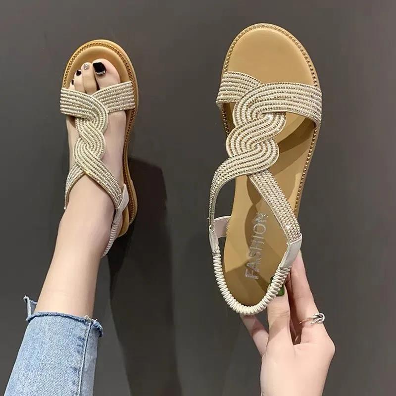 Wedge Sandals Women's Shoes Summer Soft Leather Rhinestones Comfortable Soft Bottom Low-heeled All-match Women's Flat Shoes