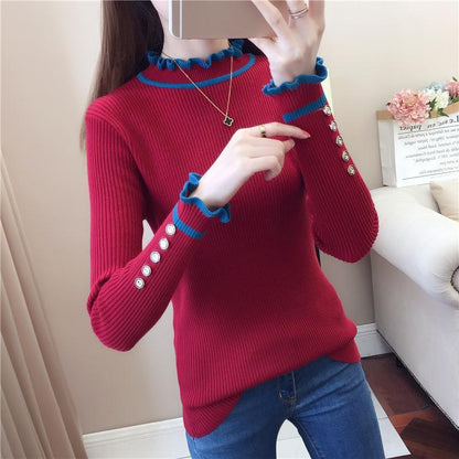 Autumn and Winter Slim-fit Padded Top Ruffled Long-sleeved Sweater All-match Base Sweater