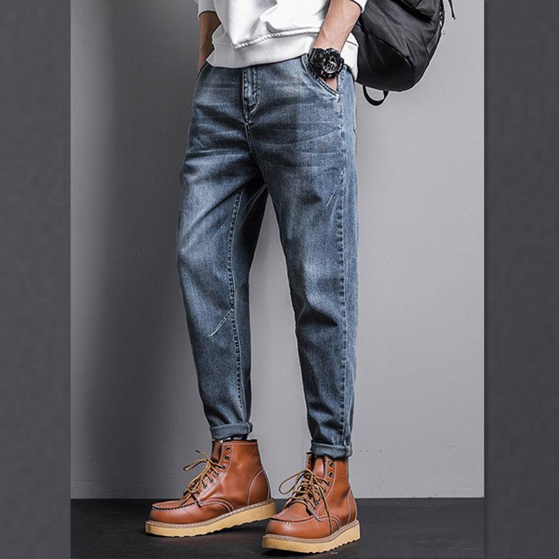 Men's Jeans Loose Straight Feet Simple and Versatile Ripped Feet Casual Nine-point Harem Pants