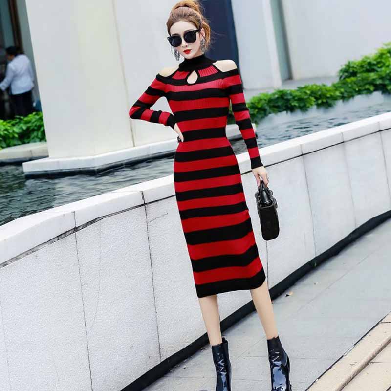European and American Autumn  Winter Sexy Soff-shoulder Turtleneck Sweater Dress Long Slim Striped Knitted Dress Bottoming Pencil Dress