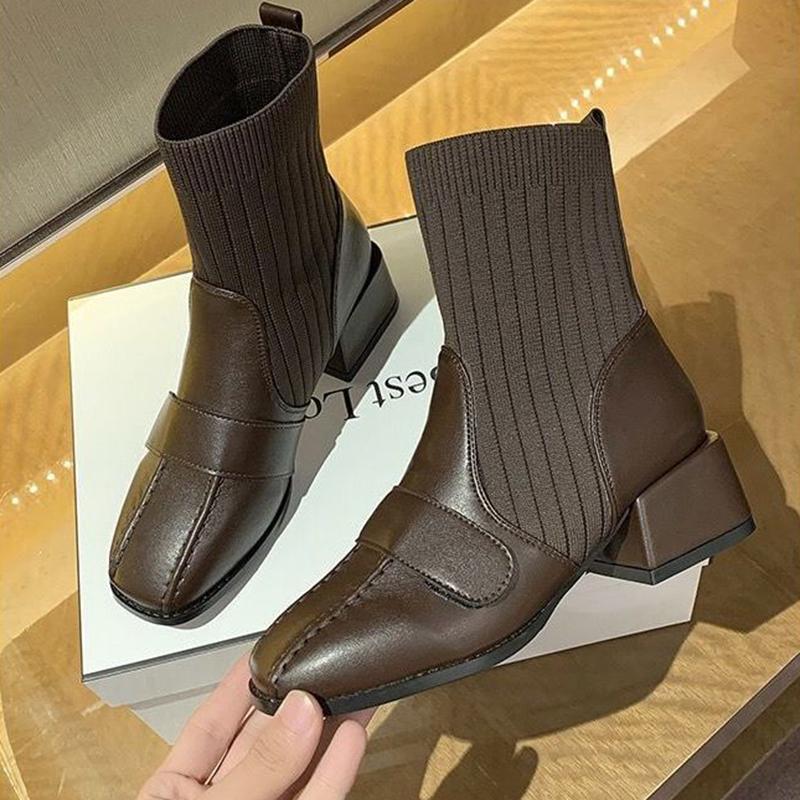 Women's Thick-heeled Autumn Short Boots Women's Mid-heel Socks Boots British Short Martin Boots Soft Leather Comfortable