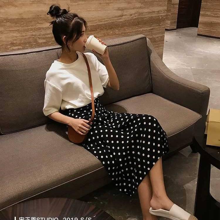Spring Summer Polka Dot Skirt Floral Black Elegant Maxi Office Zipper Skirts with Lining Plus Size