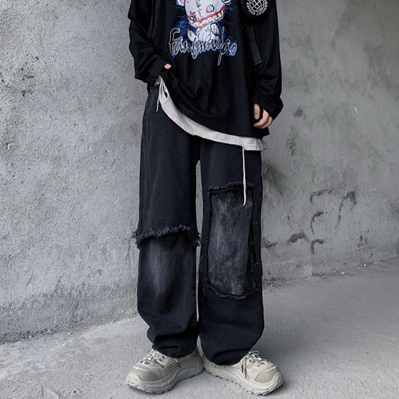 Retro High Street Trend Street Hip-hop Dark Black Washed Frayed Denim Trousers Men