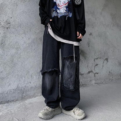 Retro High Street Trend Street Hip-hop Dark Black Washed Frayed Denim Trousers Men