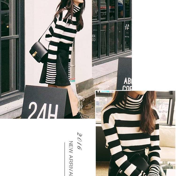 Turtleneck Bottoming Shirt Long-sleeved Slim Pullover Black and White Striped Short Sweater