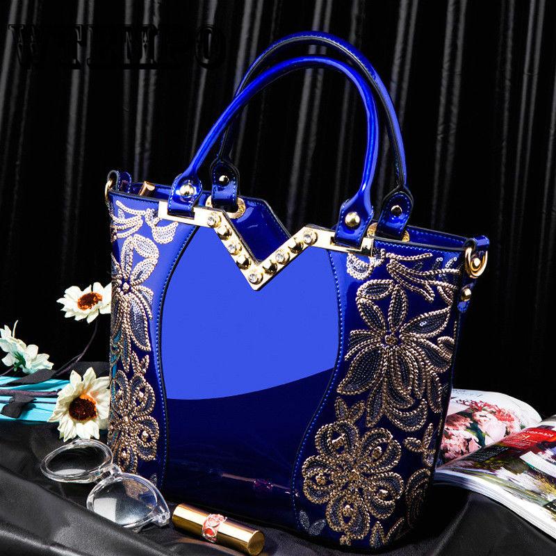 Shoulder Bag Embroidered Bright Portable Handbags Patent Leather Women Shoulder Bag