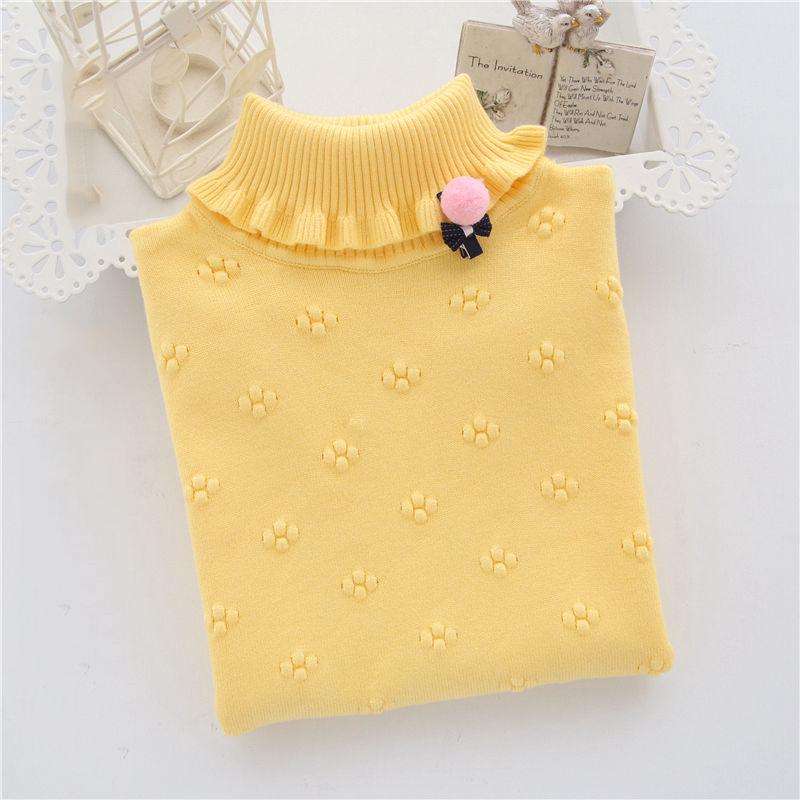 Girl Sweater Plus Velvet Thick Autumn and Winter Solid Color Set High Collar Long-sleeved Big Children's Knitting Shirt