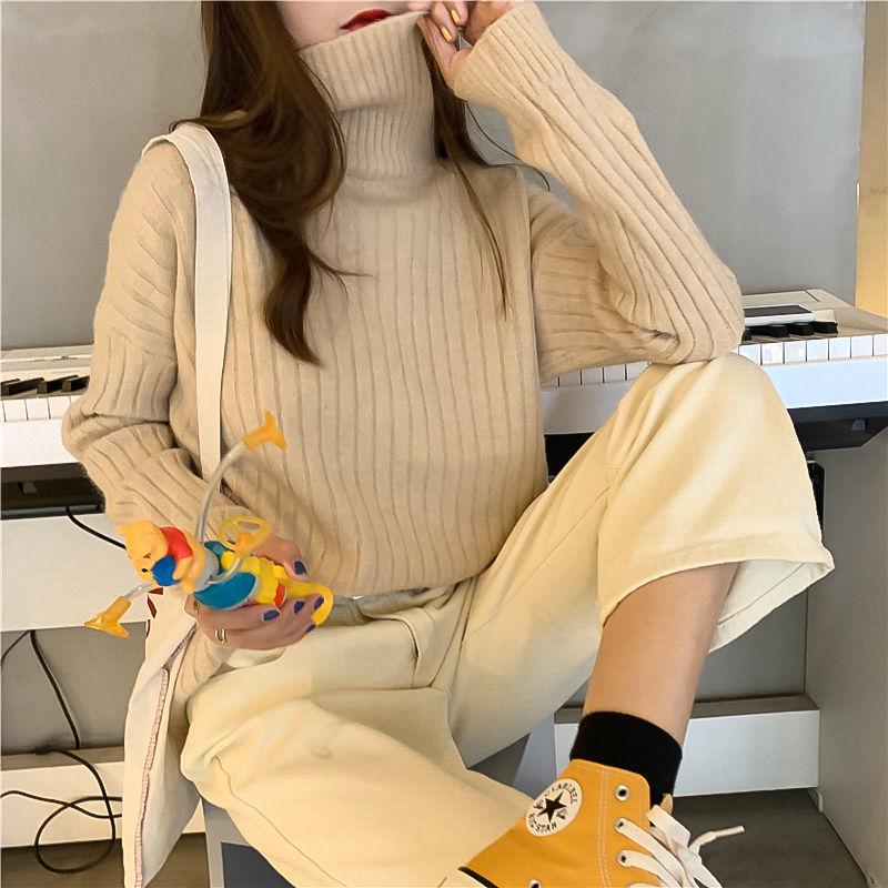 Women High Collar Long Sleeve Pullover Thick Slim Tight Knit Bottoming Shirt Sweater