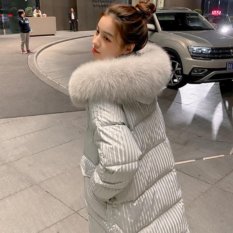 Winter Fashion Trend Loose Thick Big Fur Collar Down Jacket Women Mid-length Over The Knee Wild White Duck Down Hooded Jacket