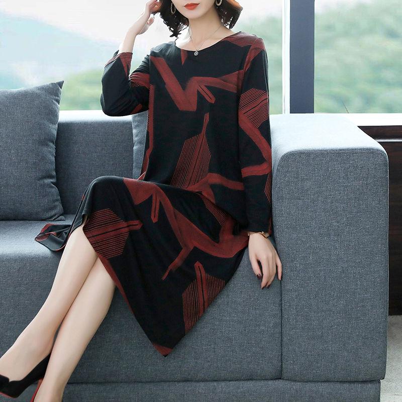 Large Size Long-sleeved Dress Women Spring and Autumn Mid-length Over-the-knee Bottoming Skirt Round Neck Print