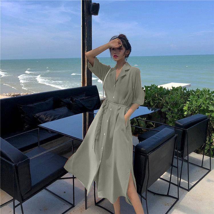 Casual Sashes A Line Women Dress Ladies Lapel Party Dress Summer Elegant Long Dress Shirt Dress