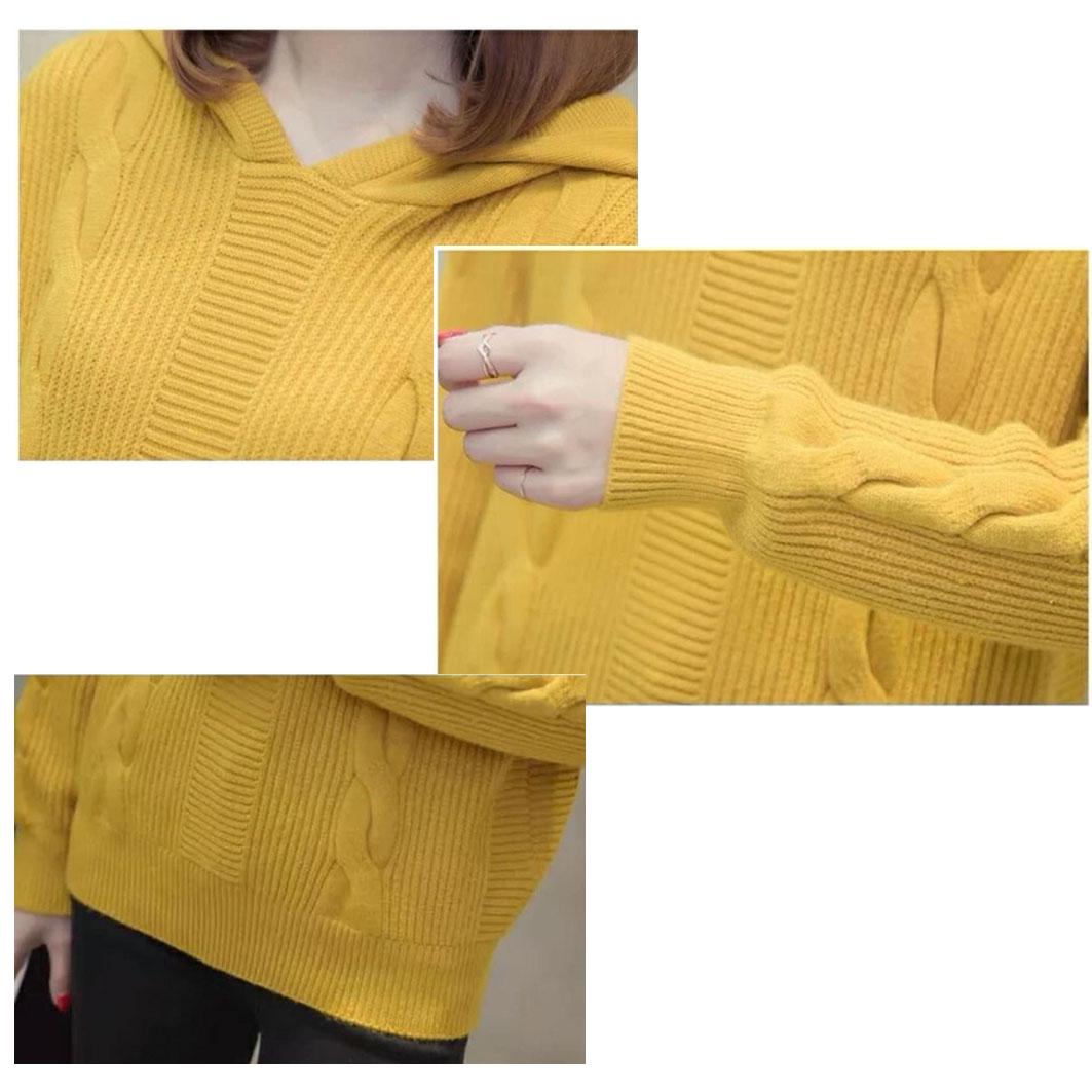 Sweater Women Winter V-Neck Solid Color Hooded Sweater Long Sleeve Pullover Knitted Sweater