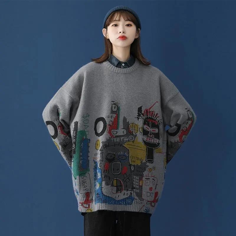 Women Oversized Sweater Autumn Winter Casual Loose Outerwear O Neck Pullover Sweater Coat Student Warm Jumpers Hip Hop Streetwear White Grey